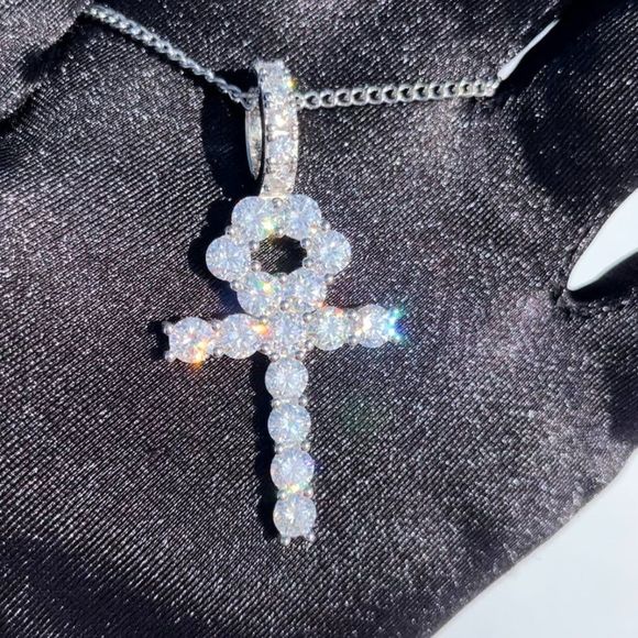 SUPER ICY 8.1ctw VVS1 Moissanite Ankh Pendant Necklace Solid 925 Sterling Silver